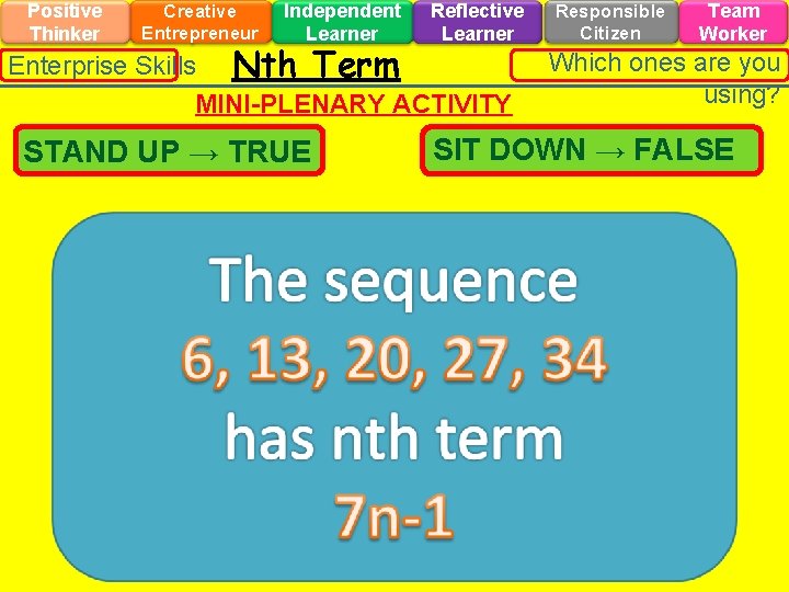 Positive Thinker Creative Entrepreneur Independent Learner Reflective Learner Enterprise Skills Nth Term MINI-PLENARY ACTIVITY