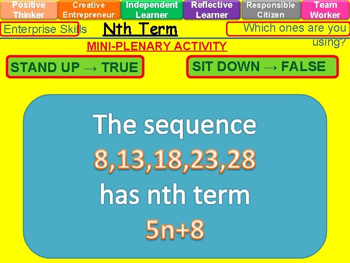 Positive Thinker Creative Entrepreneur Independent Learner Reflective Learner Enterprise Skills Nth Term MINI-PLENARY ACTIVITY