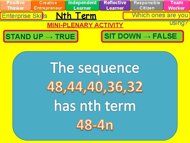 Positive Thinker Creative Entrepreneur Independent Learner Reflective Learner Enterprise Skills Nth Term MINI-PLENARY ACTIVITY