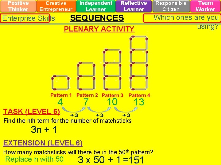 Positive Thinker Creative Entrepreneur Independent Learner Reflective Learner SEQUENCES Enterprise Skills PLENARY ACTIVITY 4