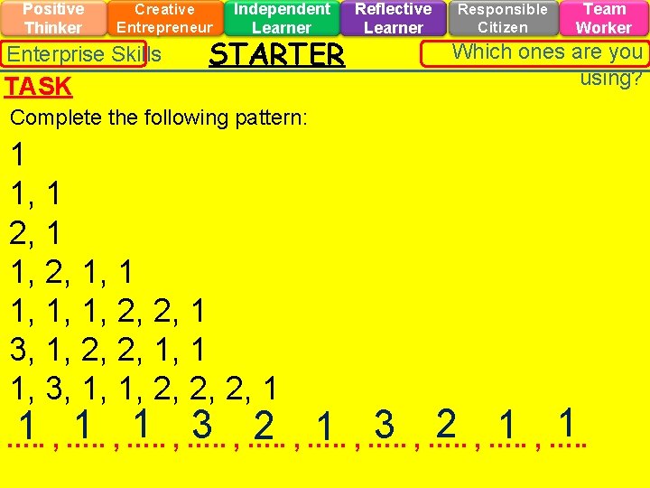 Positive Thinker Creative Entrepreneur Enterprise Skills TASK Independent Learner STARTER Reflective Learner Responsible Citizen