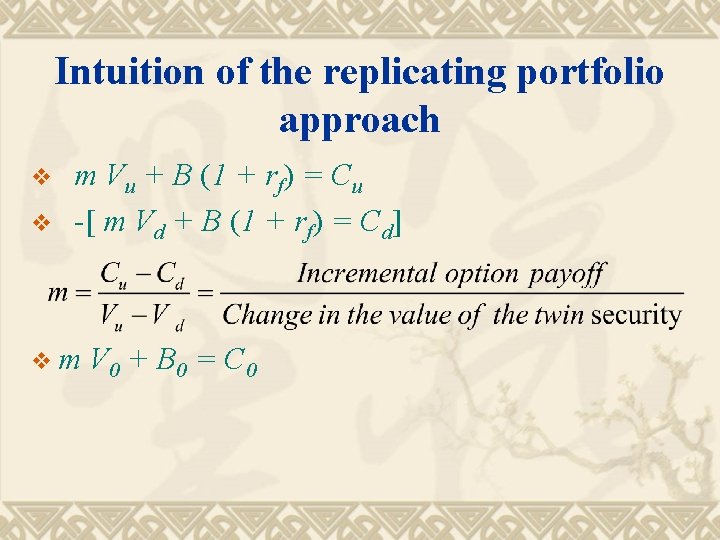 Intuition of the replicating portfolio approach v v m Vu + B (1 +