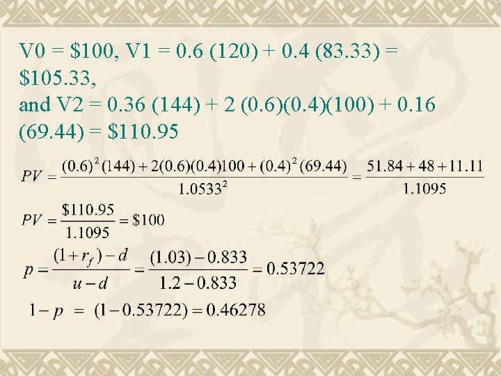 V 0 = $100, V 1 = 0. 6 (120) + 0. 4 (83.
