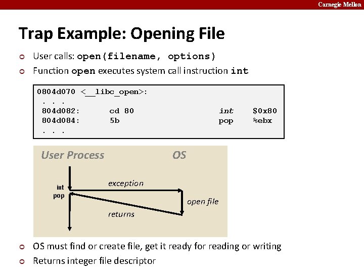 Carnegie Mellon Trap Example: Opening File ¢ ¢ User calls: open(filename, options) Function open