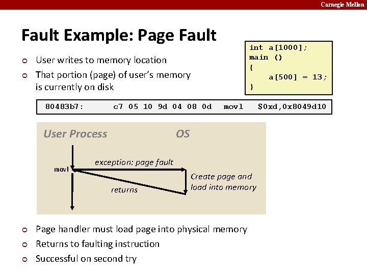 Carnegie Mellon Fault Example: Page Fault ¢ ¢ User writes to memory location That