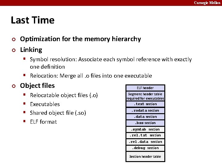 Carnegie Mellon Last Time ¢ ¢ Optimization for the memory hierarchy Linking § Symbol Carnegie Mellon Last Time ¢ ¢ Optimization for the memory hierarchy Linking § Symbol