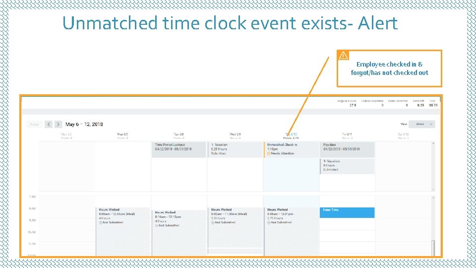Unmatched time clock event exists- Alert Employee checked in & forgot/has not checked out Unmatched time clock event exists- Alert Employee checked in & forgot/has not checked out