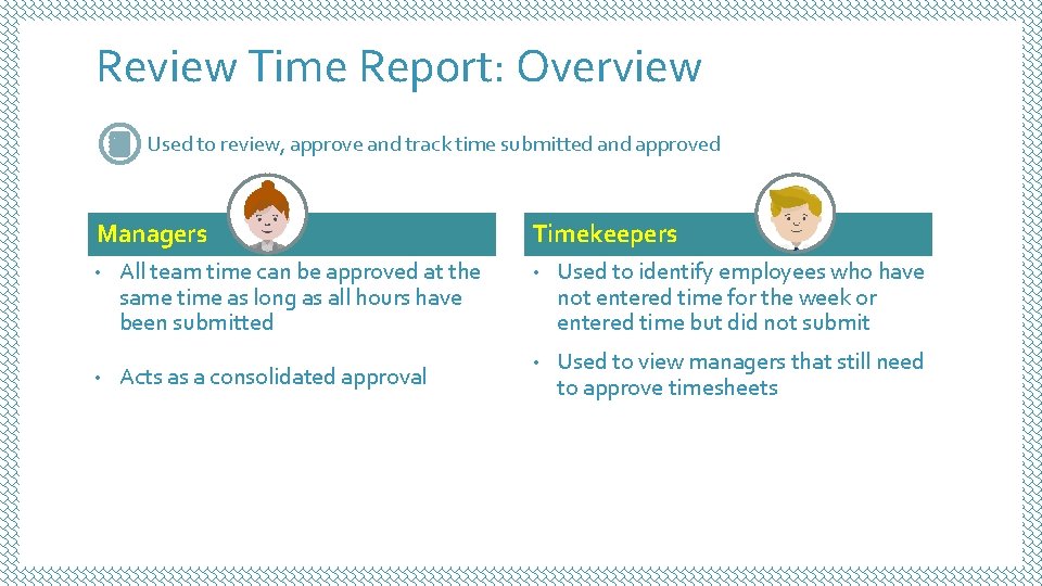 Review Time Report: Overview Used to review, approve and track time submitted and approved Review Time Report: Overview Used to review, approve and track time submitted and approved