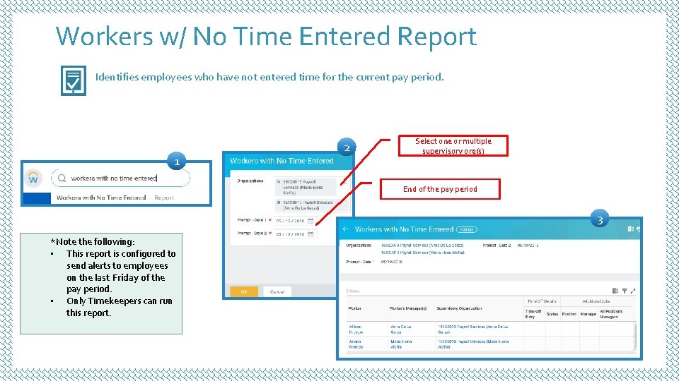 Workers w/ No Time Entered Report Identifies employees who have not entered time for Workers w/ No Time Entered Report Identifies employees who have not entered time for