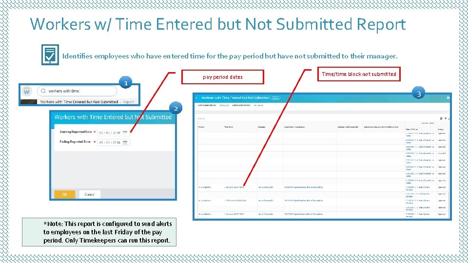 Workers w/ Time Entered but Not Submitted Report Identifies employees who have entered time Workers w/ Time Entered but Not Submitted Report Identifies employees who have entered time