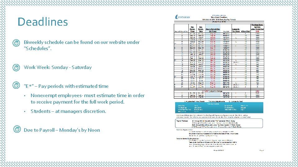 Deadlines Biweekly schedule can be found on our website under “Schedules”. Work Week: Sunday Deadlines Biweekly schedule can be found on our website under “Schedules”. Work Week: Sunday