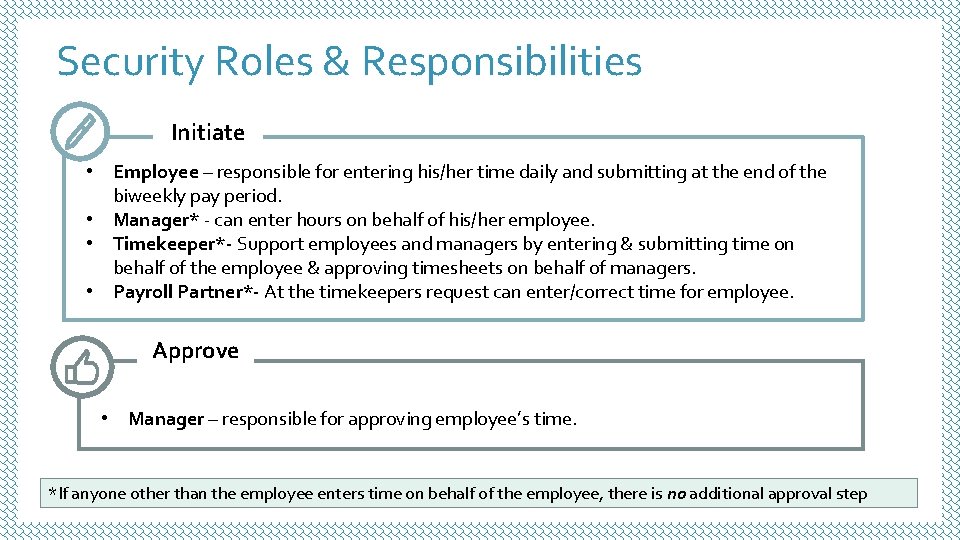 Security Roles & Responsibilities Initiate • Employee – responsible for entering his/her time daily Security Roles & Responsibilities Initiate • Employee – responsible for entering his/her time daily