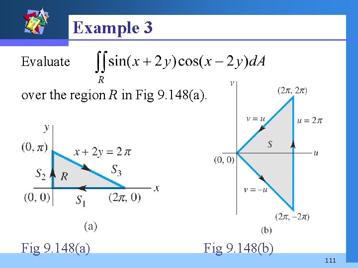 Example 3 Evaluate over the region R in Fig 9. 148(a) Fig 9. 148(b)