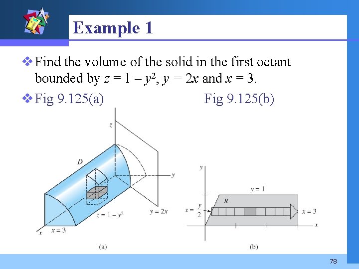 Example 1 v Find the volume of the solid in the first octant bounded