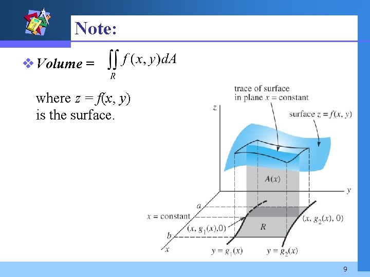 Note: v Volume = where z = f(x, y) is the surface. 9 