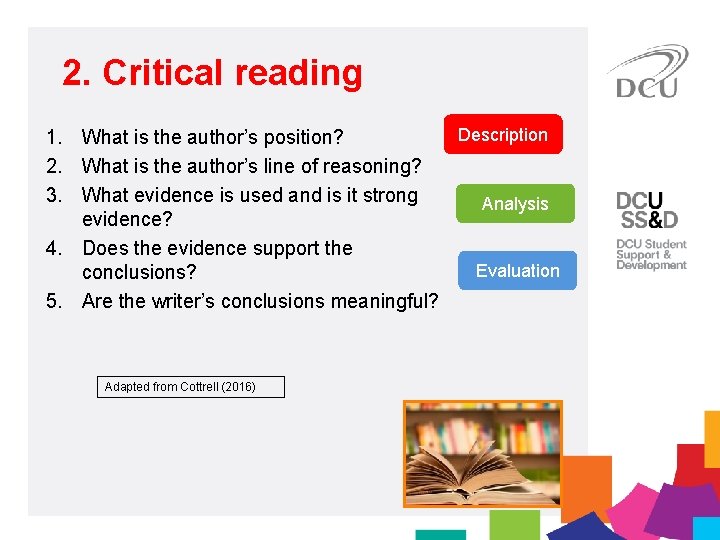 2. Critical reading Description 1. What is the author’s position? 2. What is the