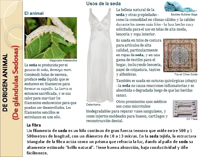 (De glándulas Sedosas) DE ORIGEN ANIMAL La fibra Un filamento de seda es un