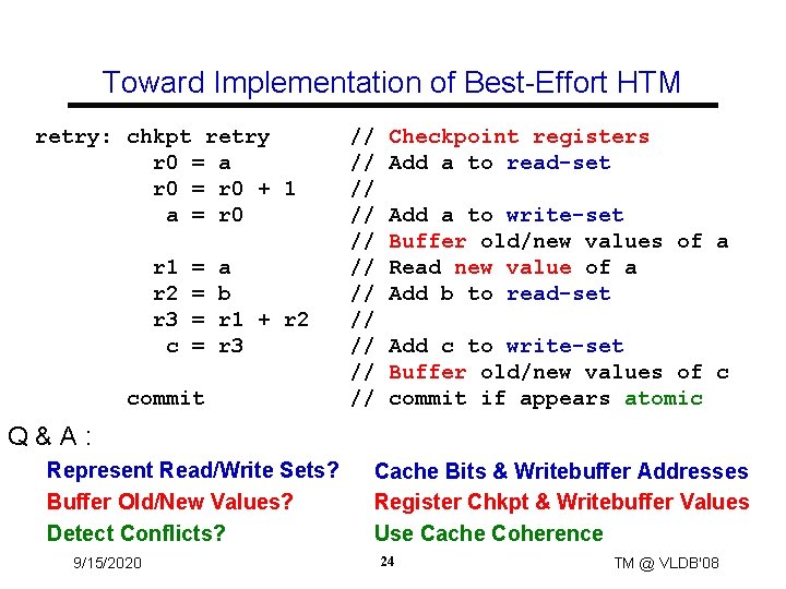 Toward Implementation of Best-Effort HTM retry: chkpt retry r 0 = a r 0