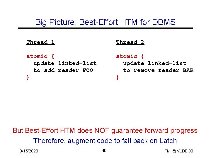 Big Picture: Best-Effort HTM for DBMS Thread 1 Thread 2 atomic { LATCH(L) update