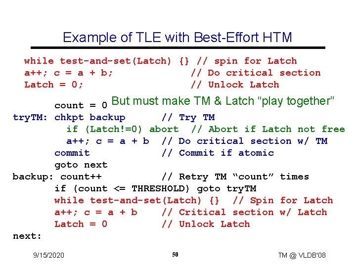 Example of TLE with Best-Effort HTM while test-and-set(Latch) {} // spin for Latch a++;