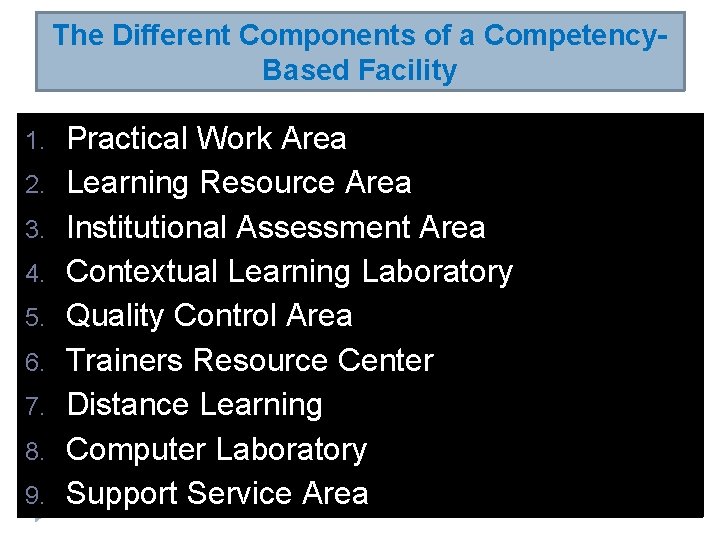 The Different Components of a Competency. Based Facility 1. 2. 3. 4. 5. 6.
