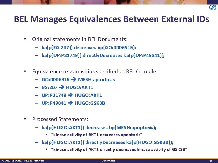 BEL Manages Equivalences Between External IDs • Original statements in BEL Documents: – ka(p(EG: