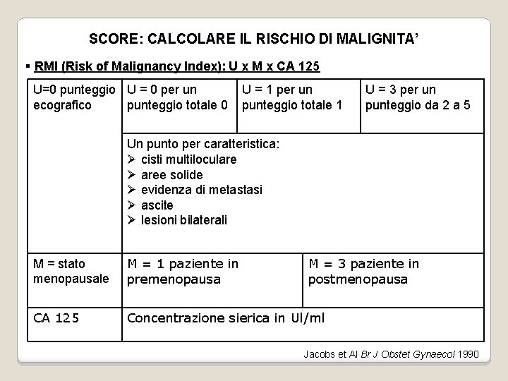SCORE: CALCOLARE IL RISCHIO DI MALIGNITA’ § RMI (Risk of Malignancy Index): U x