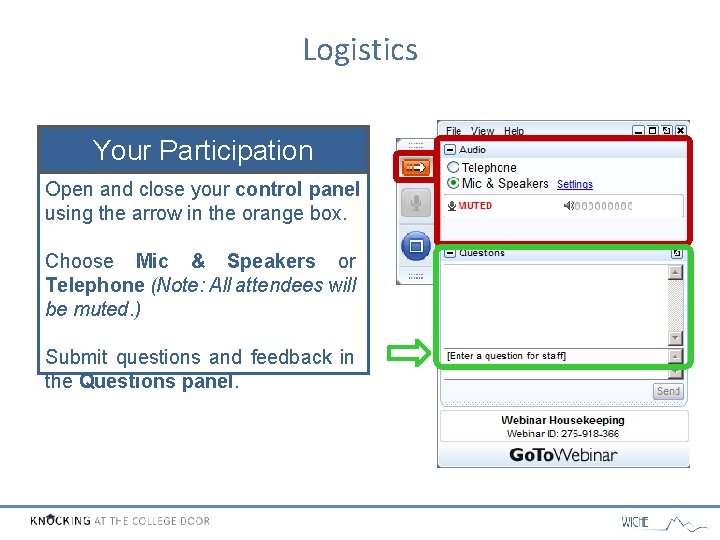 Logistics Your Participation Open and close your control panel using the arrow in the