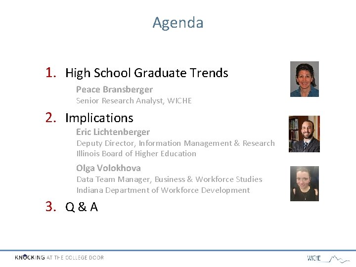 Agenda 1. High School Graduate Trends Peace Bransberger Senior Research Analyst, WICHE 2. Implications
