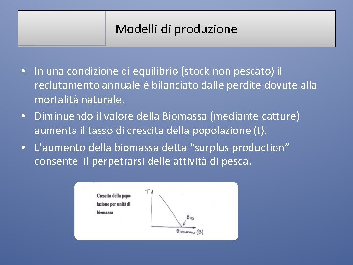 Modelli di produzione • In una condizione di equilibrio (stock non pescato) il reclutamento