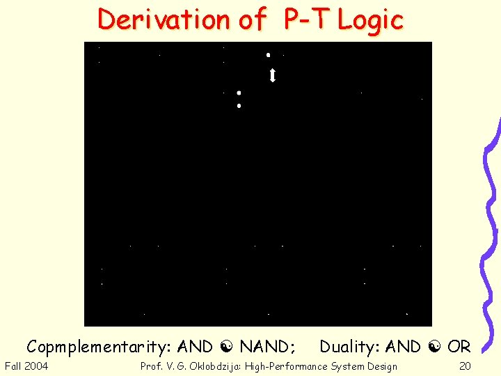 Derivation of P-T Logic Copmplementarity: AND NAND; Fall 2004 Duality: AND OR Prof. V.