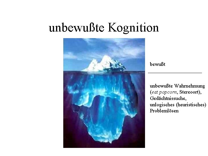 unbewußte Kognition bewußt unbewußte Wahrnehmung (eat popcorn, Stereoort), Gedächtnissuche, unlogisches (heuristisches) Problemlösen 