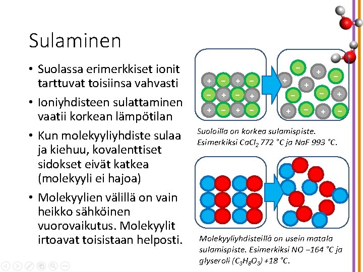 Sulaminen • Suolassa erimerkkiset ionit tarttuvat toisiinsa vahvasti • Ioniyhdisteen sulattaminen vaatii korkean lämpötilan