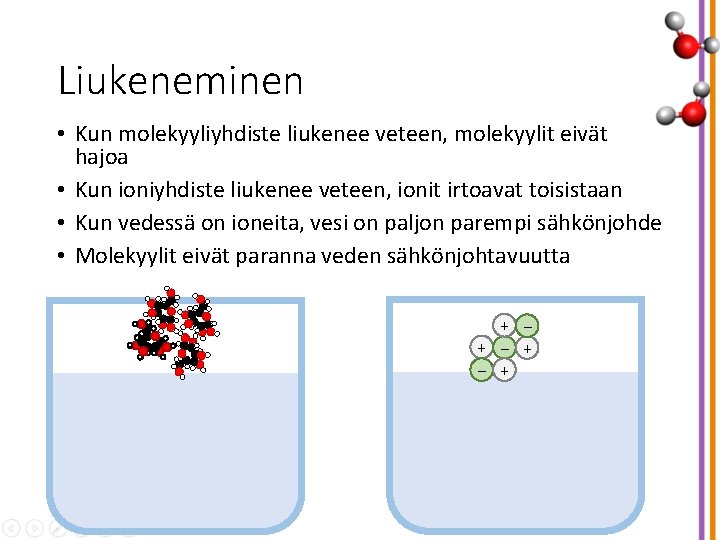 Liukeneminen • Kun molekyyliyhdiste liukenee veteen, molekyylit eivät hajoa • Kun ioniyhdiste liukenee veteen,