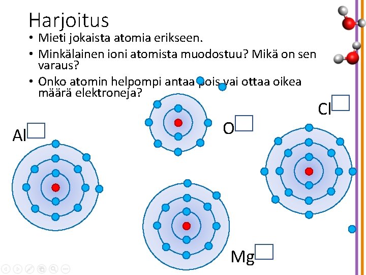 Harjoitus • Mieti jokaista atomia erikseen. • Minkälainen ioni atomista muodostuu? Mikä on sen