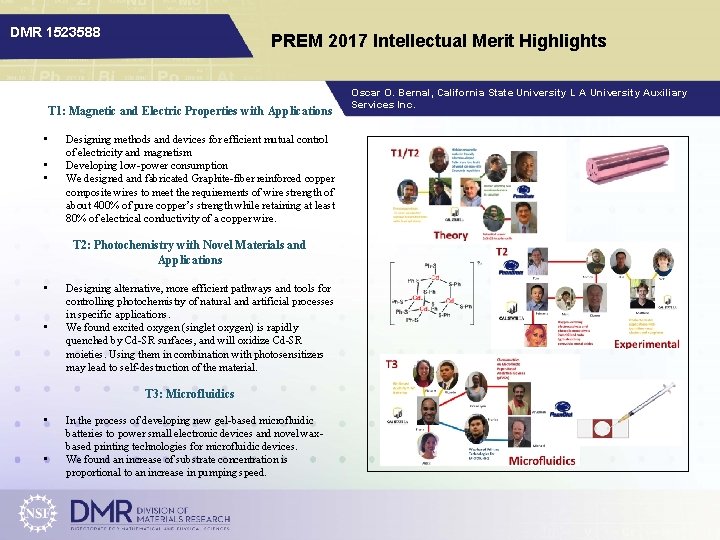 DMR 1523588 PREM 2017 Intellectual Merit Highlights T 1: Magnetic and Electric Properties with