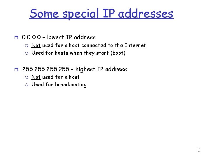 Some special IP addresses r 0. 0 – lowest IP address m m Not