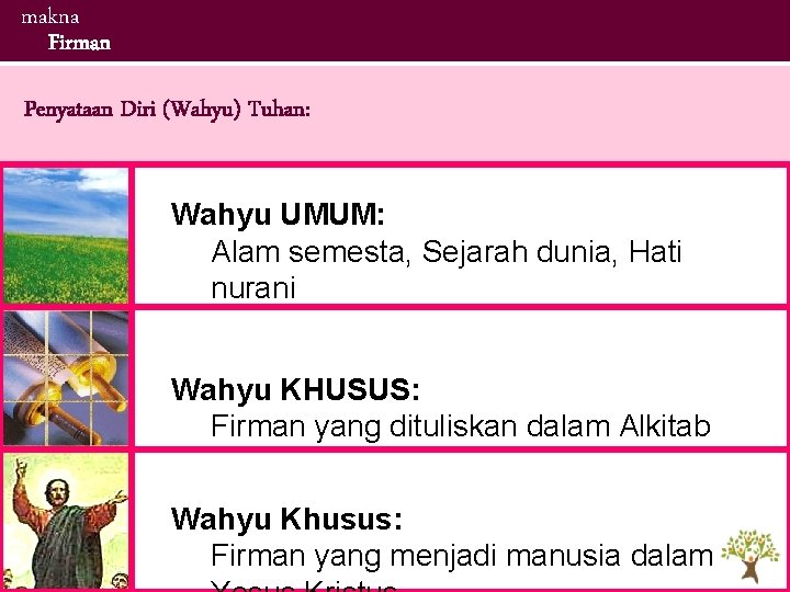 makna Firman Penyataan Diri (Wahyu) Tuhan: Wahyu UMUM: Alam semesta, Sejarah dunia, Hati nurani makna Firman Penyataan Diri (Wahyu) Tuhan: Wahyu UMUM: Alam semesta, Sejarah dunia, Hati nurani