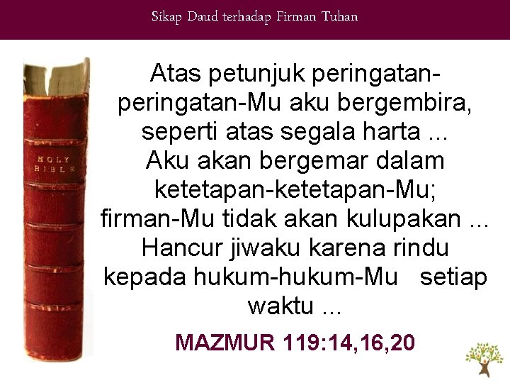 Sikap Daud terhadap Firman Tuhan Atas petunjuk peringatan-Mu aku bergembira, seperti atas segala harta. Sikap Daud terhadap Firman Tuhan Atas petunjuk peringatan-Mu aku bergembira, seperti atas segala harta.