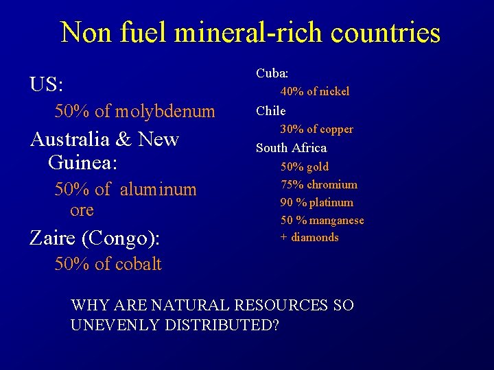 Non fuel mineral-rich countries Cuba: US: 40% of nickel 50% of molybdenum Australia &