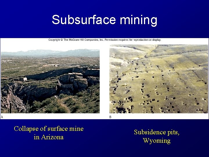 Subsurface mining Collapse of surface mine in Arizona Subsidence pits, Wyoming 