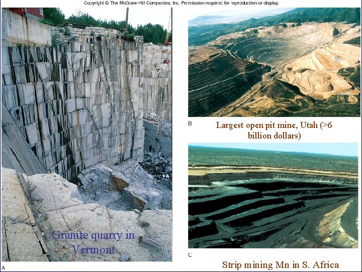 Largest open pit mine, Utah (>6 billion dollars) Granite quarry in Vermont Strip mining