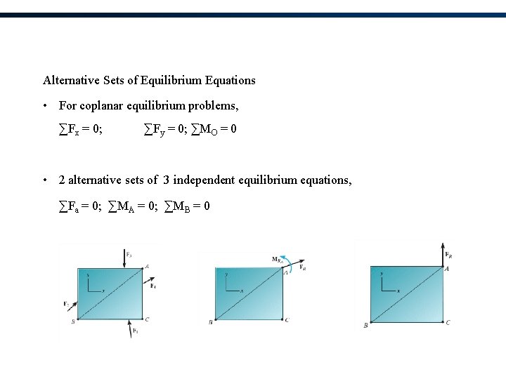 Alternative Sets of Equilibrium Equations • For coplanar equilibrium problems, ∑Fx = 0; ∑Fy