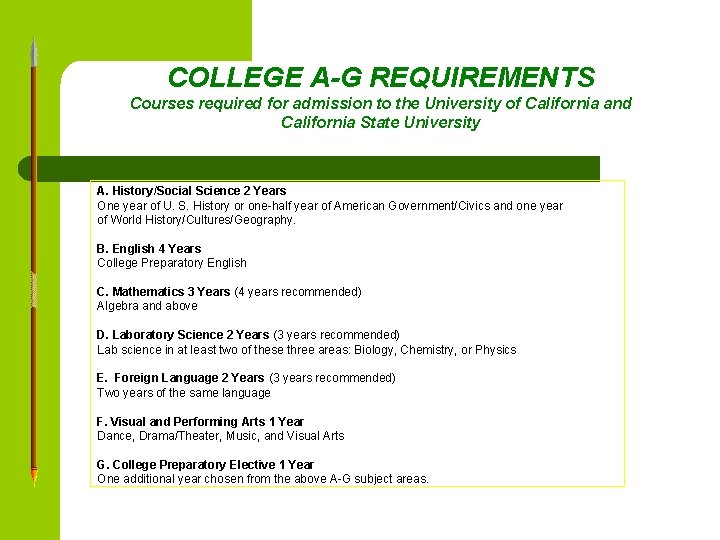 COLLEGE A-G REQUIREMENTS Courses required for admission to the University of California and California