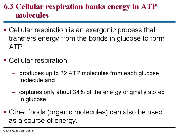 6. 3 Cellular respiration banks energy in ATP molecules Cellular respiration is an exergonic