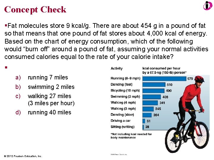 Concept Check Fat molecules store 9 kcal/g. There about 454 g in a pound