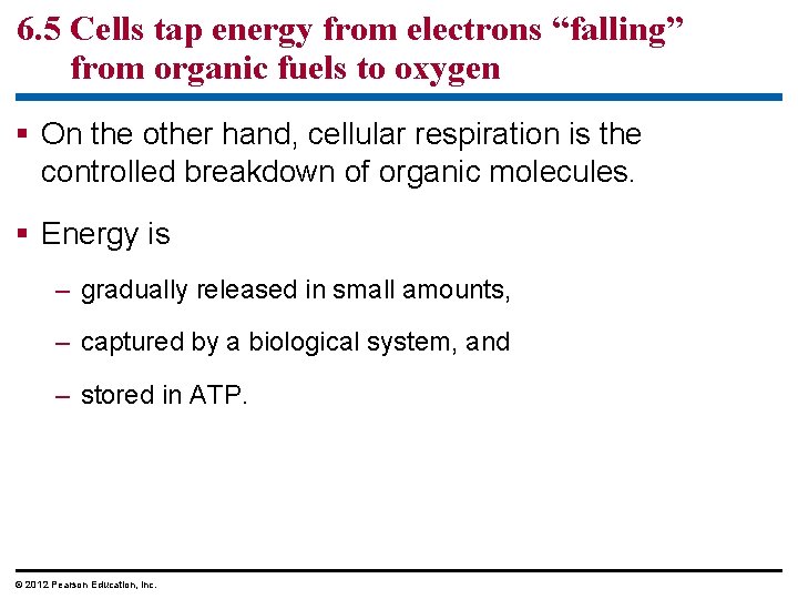 6. 5 Cells tap energy from electrons “falling” from organic fuels to oxygen On