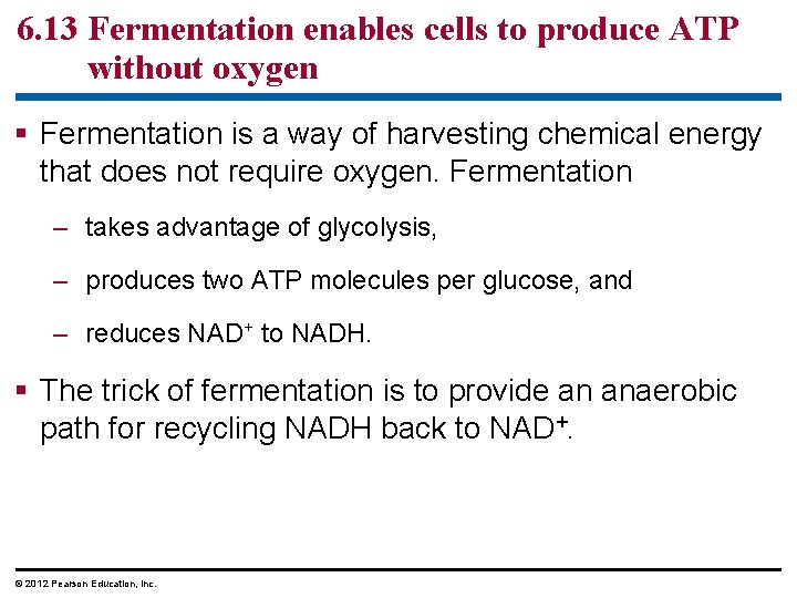 6. 13 Fermentation enables cells to produce ATP without oxygen Fermentation is a way