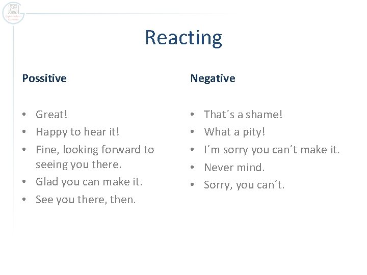 Reacting Possitive Negative • Great! • Happy to hear it! • Fine, looking forward