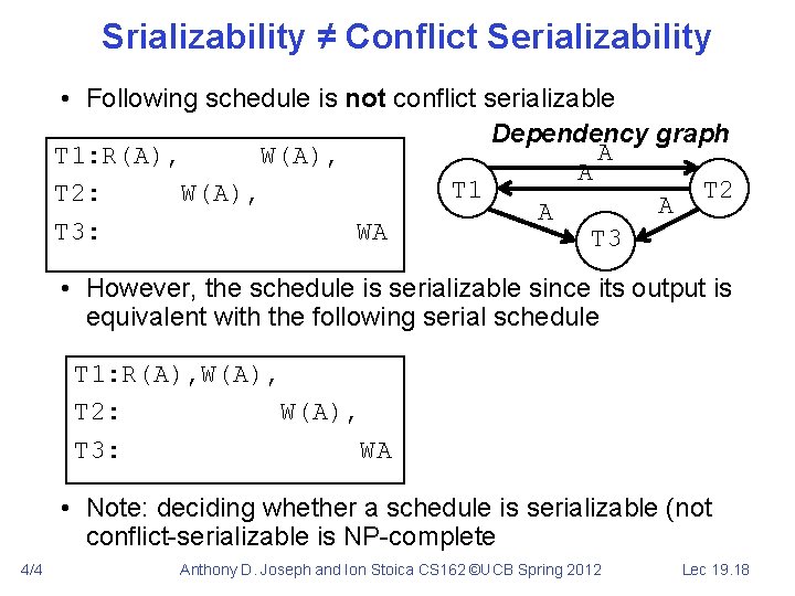 Srializability ≠ Conflict Serializability • Following schedule is not conflict serializable Dependency graph A